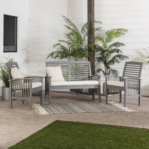 3 Piece Outdoor Loveseat & 2 Chair Set in Grey Wash Acacia & Fabric